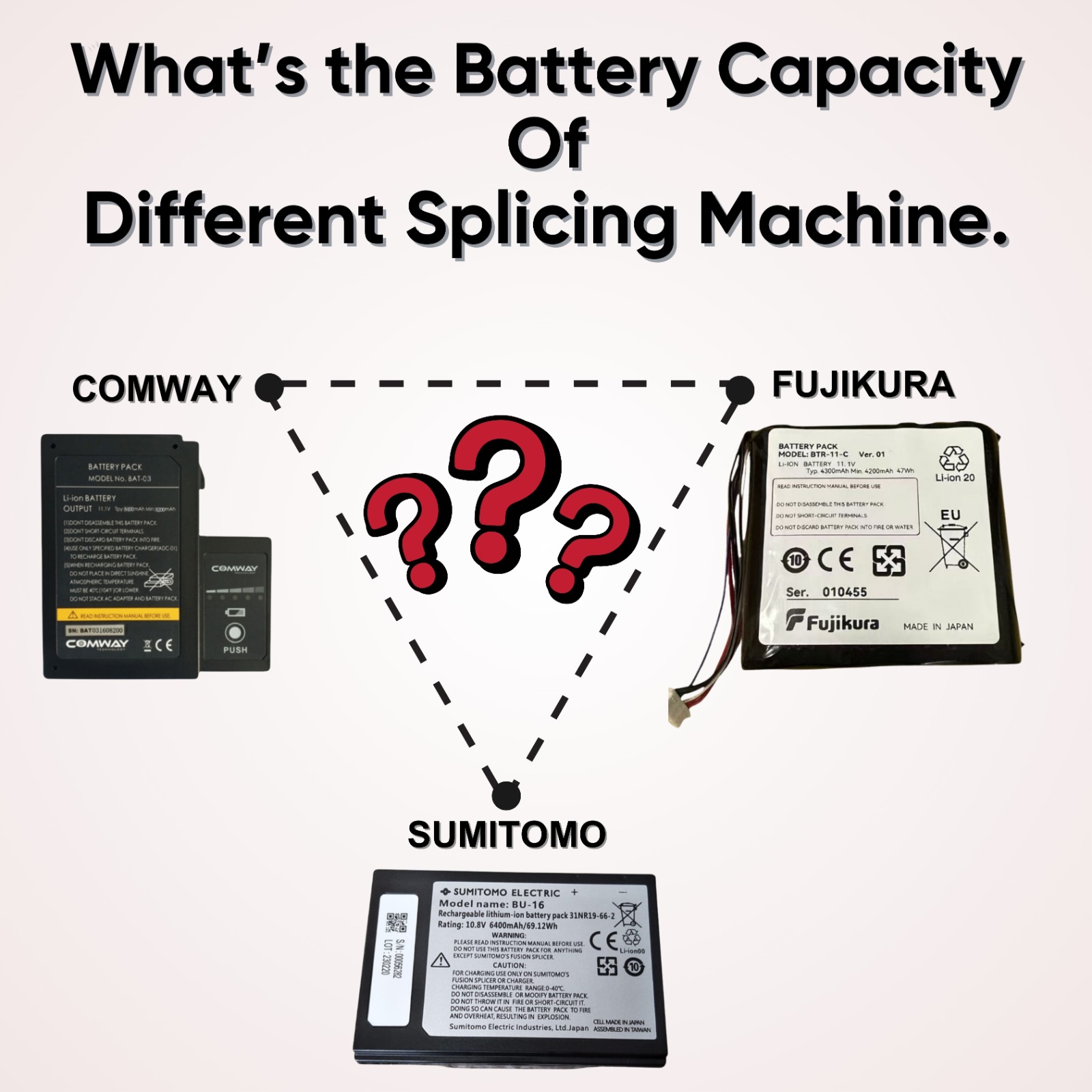 Fusion Splicer machines batteries capacities for COMWAY, FUjikura , Sumitomo